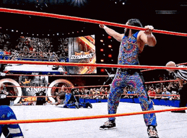 a wrestler in a colorful outfit is standing in a wrestling ring with a referee .