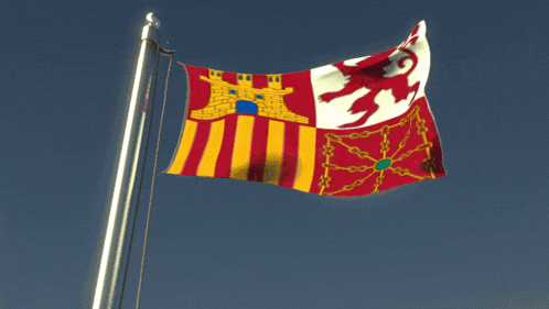 a red yellow and white flag with a castle and a lion on it
