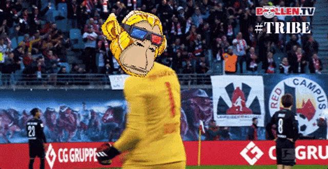 a monkey wearing 3d glasses stands on a soccer field with the hashtag #tribe