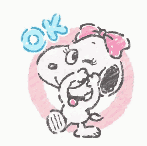 snoopy is wearing a pink bow and a pink circle with the word ok .
