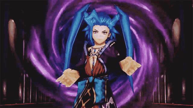 a cartoon character with blue hair is standing in front of a purple swirl