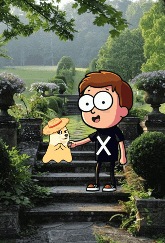 a cartoon character holding a doge wearing a hat