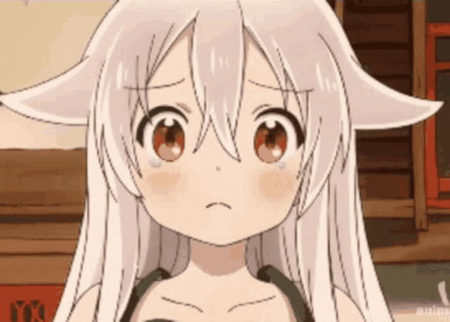 a cartoon girl with long white hair is crying and looking at the camera