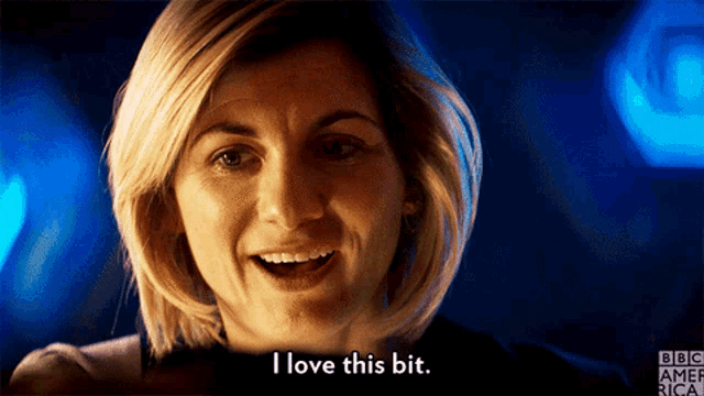 a woman says " i love this bit " in front of a bbc america logo