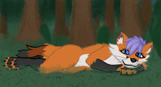 a drawing of a fox with blue eyes laying in the grass