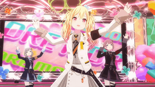 a group of anime girls are standing on a stage with balloons in the background .