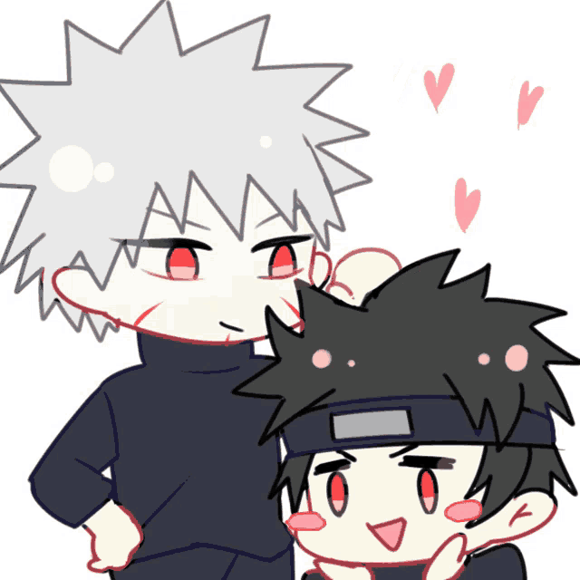 a drawing of two anime characters with red eyes and hearts surrounding them