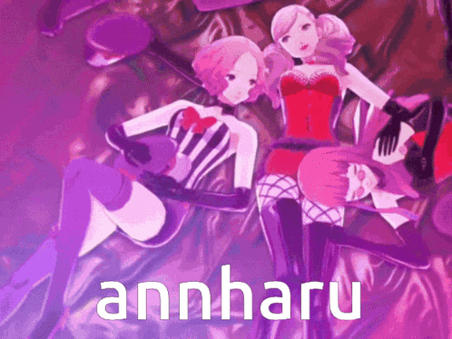a purple background with two anime girls and the word annharu