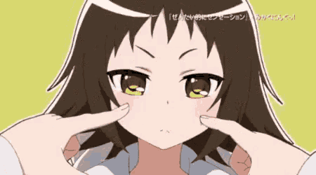 a close up of a girl making a face with her fingers