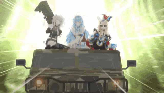 a group of anime characters are riding on the back of a military vehicle