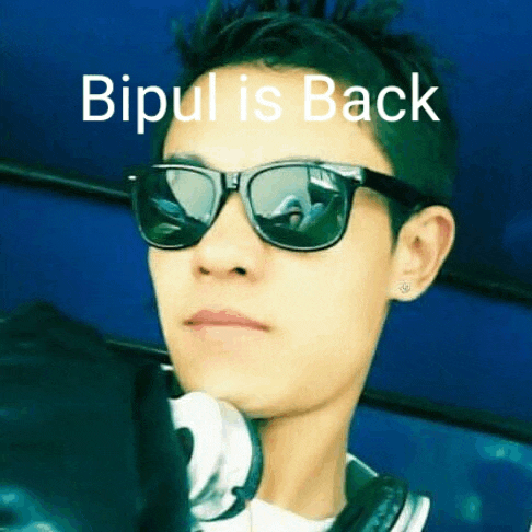 a young man wearing sunglasses with the words bipul is back above his head