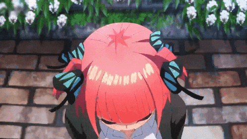 a girl with pink hair and blue butterfly wings has a star in her hair