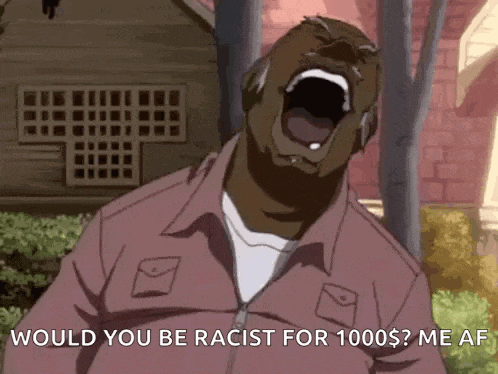 a man in a pink shirt is screaming with his mouth wide open .