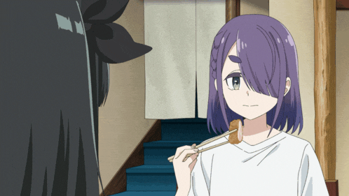 a girl with purple hair is holding a piece of meat with chopsticks
