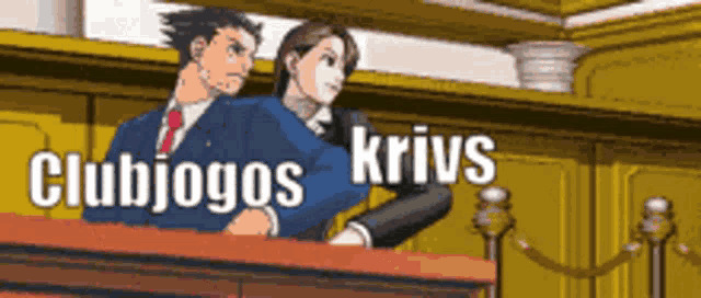 a cartoon of a man and a woman sitting at a podium with the words clubjogos krivs written above them