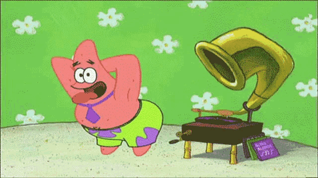patrick star from spongebob squarepants is dancing in front of a phonograph
