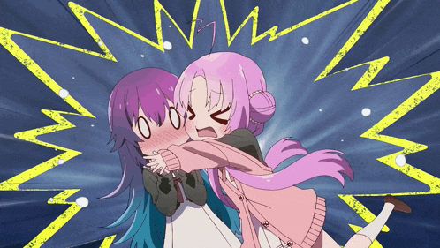 a girl with purple hair is hugging another girl