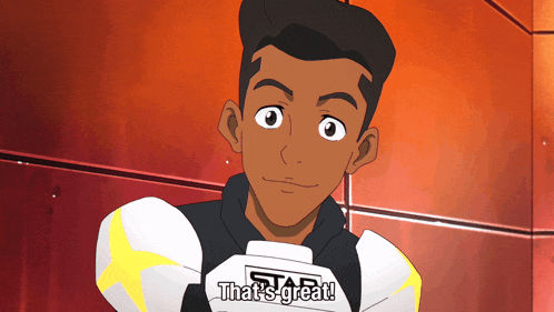 a cartoon character says that 's great in front of a red background