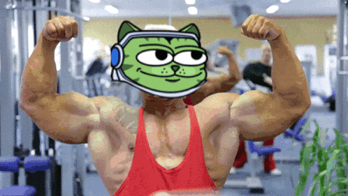 a man flexing his muscles with a green cat mask on his head