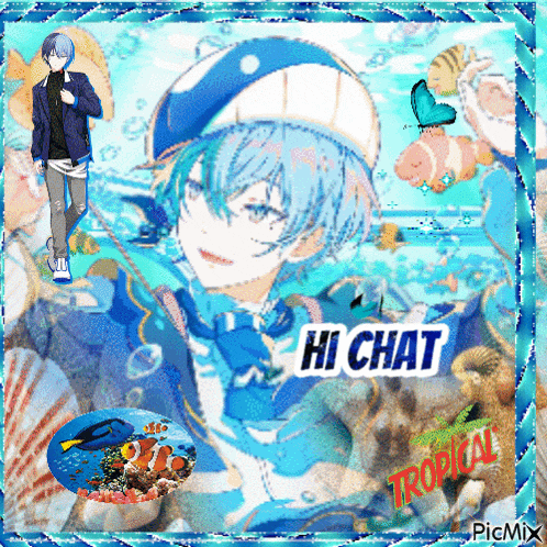 a picture of a boy with blue hair and the words hi chat on it