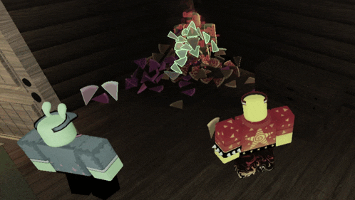 two roblox characters standing in front of a pile of broken glass