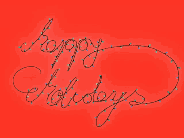 a red background with christmas lights spelling out happy holidays
