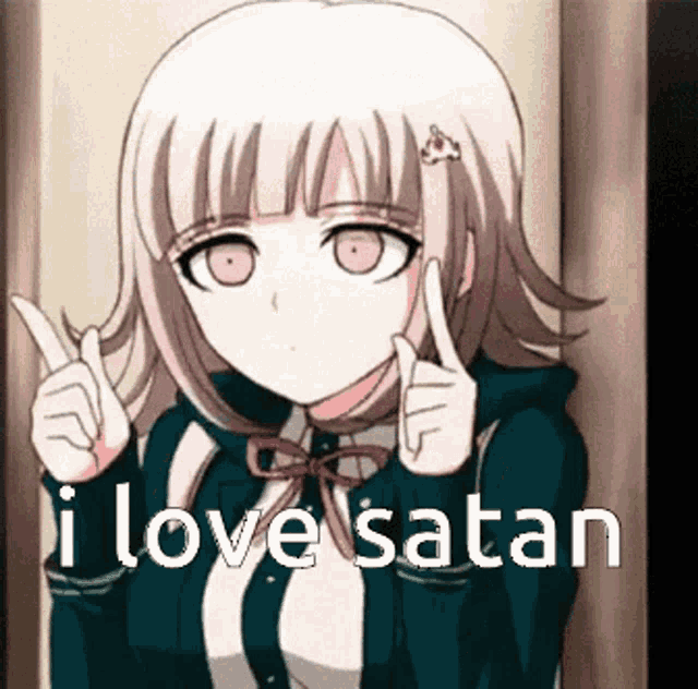 a picture of a girl with the words i love satan on the bottom