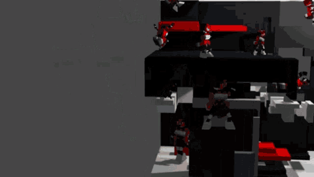 a red robot with the number 8 on his head is standing on a row of white blocks