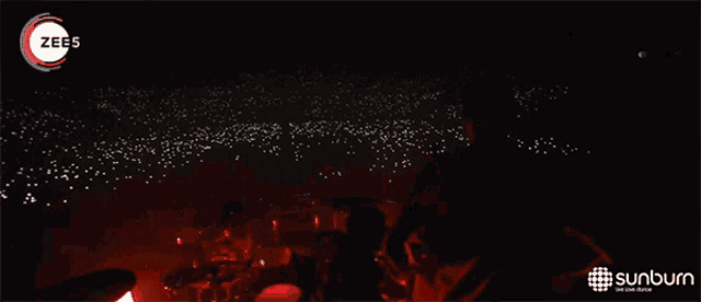a band is playing in front of a crowd and a sunburn logo