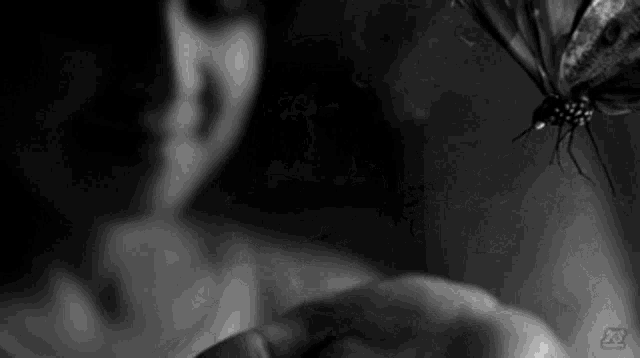 a black and white photo of a person holding a butterfly in their hand