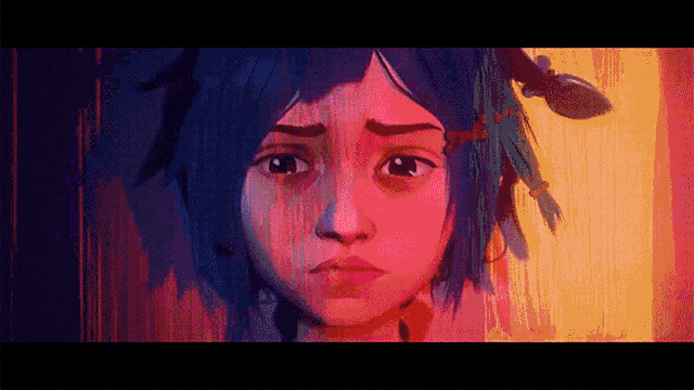 a pixel art of a girl with blue hair