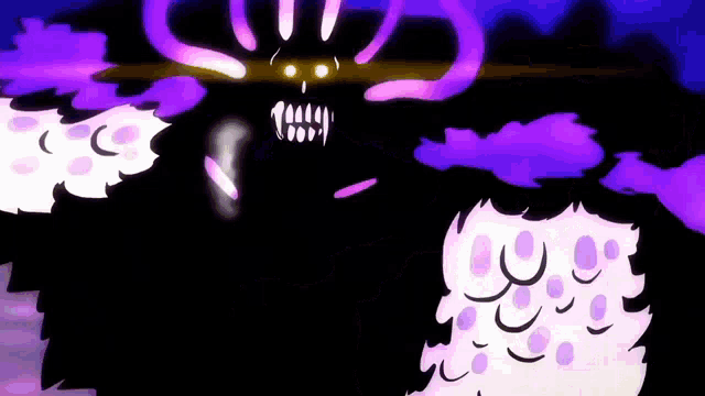 a cartoon drawing of a monster with purple horns and a skull