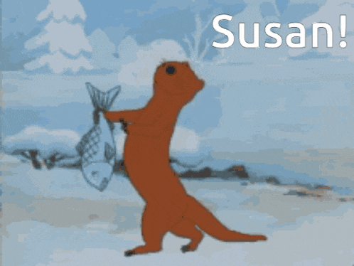 a cartoon of an otter holding a fish with the name susan written below it