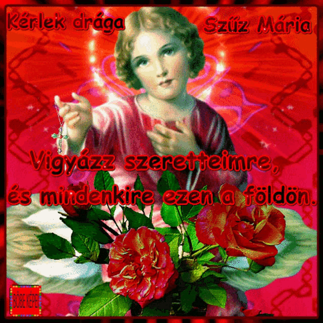 a picture of a child holding a rosary and flowers with a foreign language written on it