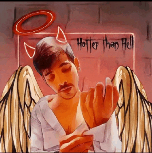 a painting of a man with wings and a halo that says hotter than hell on it