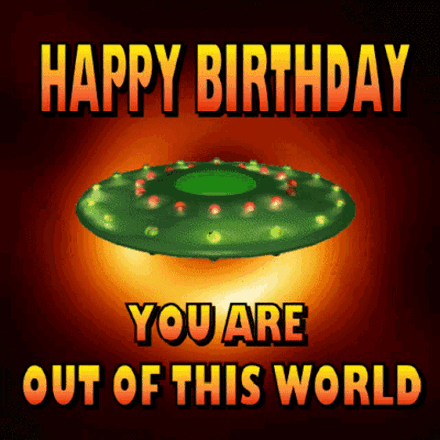 a happy birthday greeting card with a green flying saucer