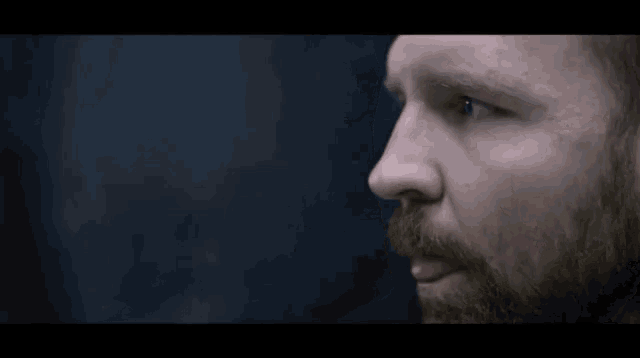 a man with a beard and blue eyes is looking at the camera