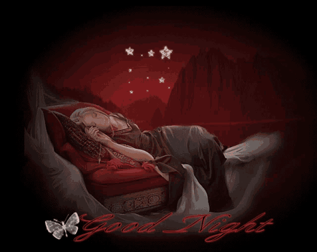 a woman is sleeping in a bed with the words good night written on the bottom