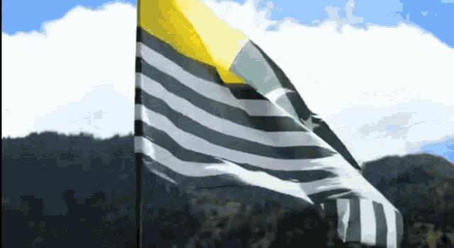 a black and white flag with a yellow stripe is flying in the wind