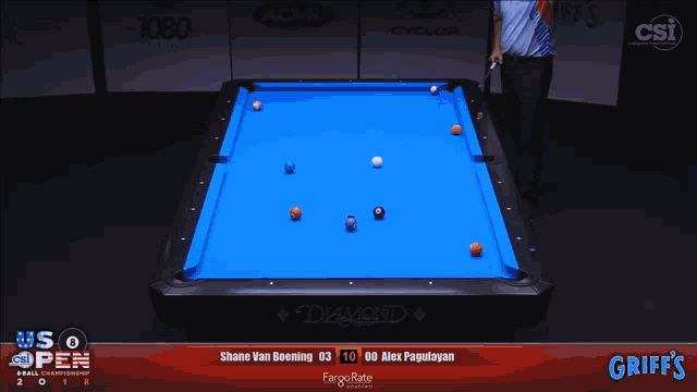 a man is playing pool on a blue table with a diamond brand pool table