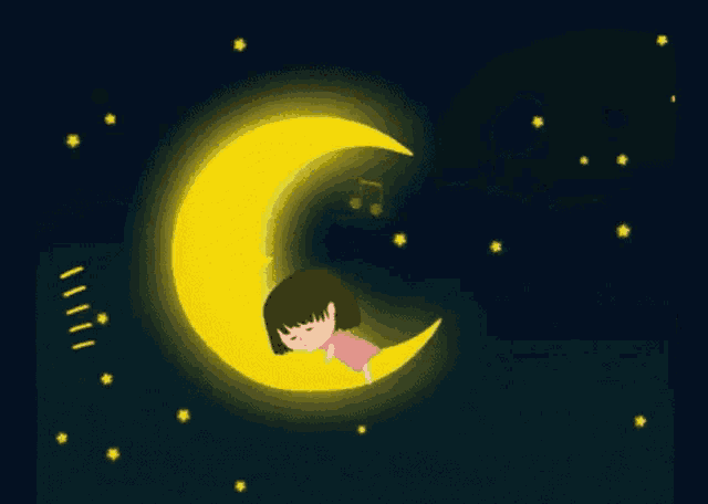 a little girl is sleeping on a crescent moon in the night sky