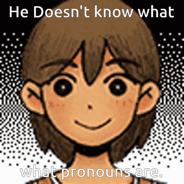 a picture of a boy with the words he doesn 't know what what pronouns are
