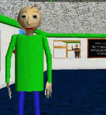 a cartoon character with a green shirt and blue pants is standing in a room
