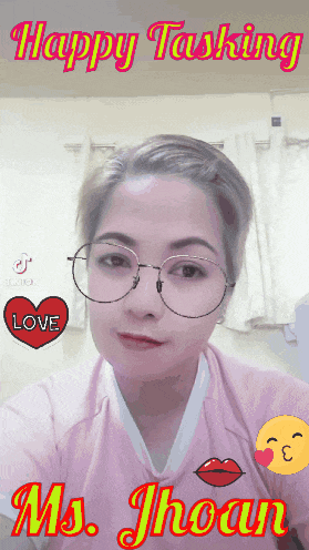 a woman wearing glasses and a pink shirt with the name ms. jhoan on it