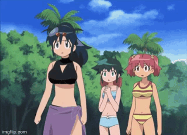 three anime girls in bikinis are standing next to each other in a forest .