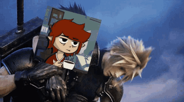 a cartoon character holding a picture of a girl holding a cup