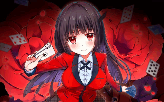 a girl in a red suit is holding a card with a circle on it