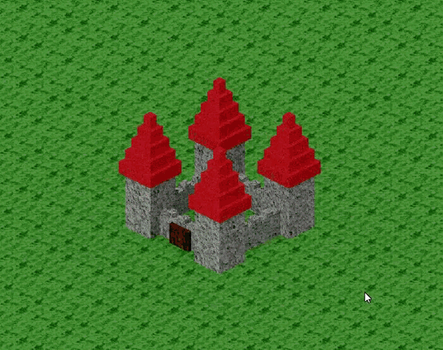 a 3d model of a castle with red towers on a green background