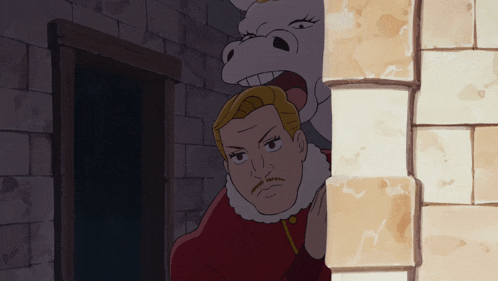 a cartoon drawing of a man with a pony behind him
