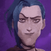a close up of a cartoon character 's face with blue hair .